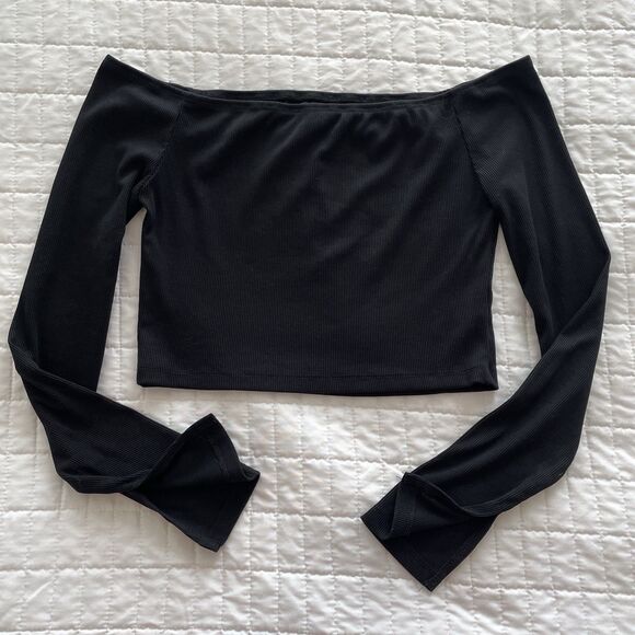 CIDER Off Shoulder Long Sleeve Ribbed Knit Black Top with Flared Sleeve Size M - Picture 1 of 10